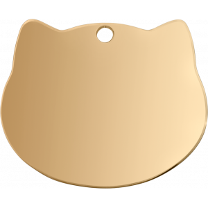 Goldene Edelstahl-hundemarke in Katzenform mit glattem Finish, weichen Rändern und Loch zur Befestigung.