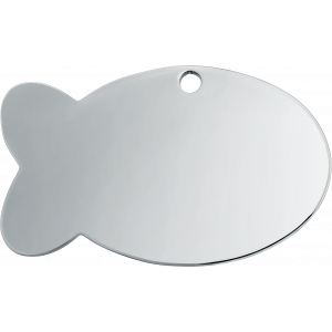 Kleine silberne hundemarke in Fischform aus Edelstahl, 30×20 mm, mit Loch zur Befestigung am Halsband.