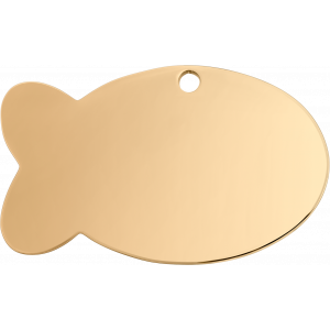 Goldene hundemarke in Fischform, 30×20 mm, aus Edelstahl mit glatter Oberfläche und Loch für das Halsband.