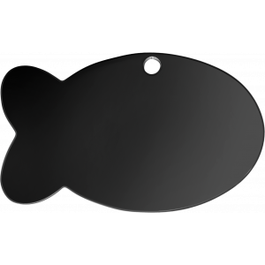 Spiegelschwarze Fischform-hundemarke aus Edelstahl, 30×20 mm, mit runden Rändern und Befestigungsloch.