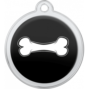 Hundemarke Knochendesign Schwarz Runde schwarze hundemarke aus Edelstahl, 30×33 mm, mit weißem Knochendesign und Loch zur Befestigung am Halsband.