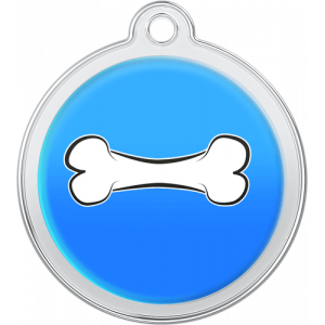 Hundemarke Knochendesign Blau Runde blaue hundemarke aus Edelstahl, 30×33 mm, mit weißem Knochendesign und Loch zur Anbringung am Halsband.