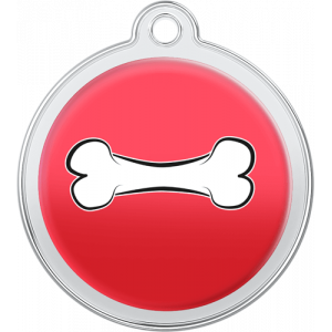 Runde rote hundemarke aus Edelstahl, 30×33 mm, mit weißem Knochendesign und oberem Loch für Halsbandbefestigung.
