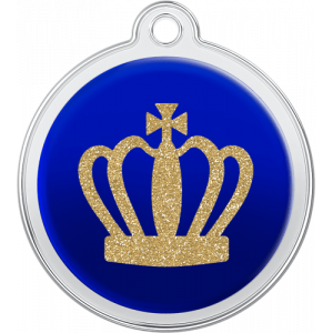 Runde blaue hundemarke aus Edelstahl, 30×33 mm, mit goldglitzernder Krone und Loch zur einfachen Halsbandbefestigung.