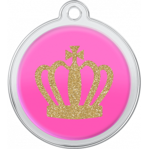 Hundemarke Königen Kronen-Design Rosa Runde pinke hundemarke aus Edelstahl, 30×33 mm, mit glitzernder goldener Krone und Loch zur sicheren Anbringung.