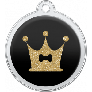 Runde schwarze hundemarke aus Edelstahl, 30×33 mm, mit glitzernder goldener Krone und Knochen, Loch zur Halsbandbefestigung.