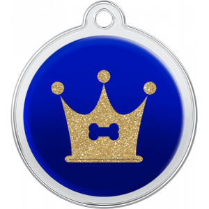 Runde blaue hundemarke aus Edelstahl, 30×33 mm, mit goldener Glitzer-Krone und Knochen, Loch zur Befestigung oben.