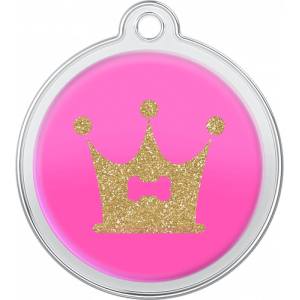 Runde pinke hundemarke aus Edelstahl, 30×33 mm, mit glitzerndem Knochen-Kronenmotiv und oberem Loch zur Halsbandanbringung.