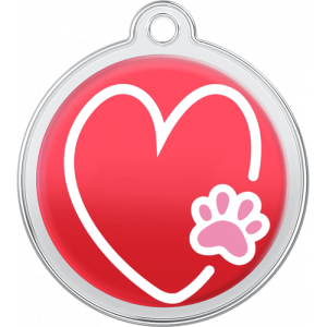 Hundemarke Herz-Pfoten-Design Rot Runde rote hundemarke aus Edelstahl, 30×33 mm, mit Herz und rosa Pfote, Loch oben zur Halsbandbefestigung.