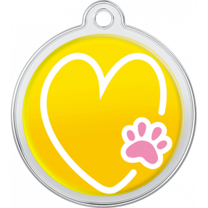 Runde gelbe hundemarke aus Edelstahl, 30×33 mm, mit weißem Herz und rosa Pfotenmotiv, Loch zur Befestigung.