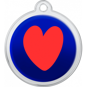 Runde blaue hundemarke aus Edelstahl, 30×33 mm, mit großem rotem Herz und oberem Loch zur Halsbandanbringung.