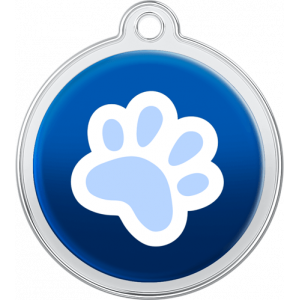 Runde blaue hundemarke aus Edelstahl, 30×33 mm, mit weiß-blauem Pfotenmotiv und oberem Loch zur Halsbandbefestigung.