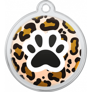 Runde hundemarke aus Edelstahl, 30×33 mm, mit Leopardenmuster und schwarzer Pfote, Loch zur Halsbandbefestigung.