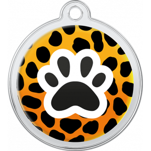 Runde orangene hundemarke aus Edelstahl, 30×33 mm, mit Leopardenprint und schwarzer Pfote, Loch zur Befestigung.
