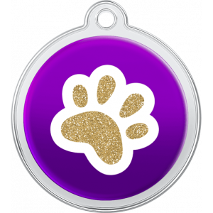 Runde lila hundemarke aus Edelstahl, 30×33 mm, mit goldglitzernder Pfote und Loch zur Befestigung am Halsband.