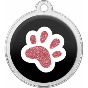 Hundemarke Pfotendesign Schwarz Runde schwarze hundemarke aus Edelstahl, 30×33 mm, mit glitzernder rosa Pfote und oberem Loch für Halsbandanbringung.