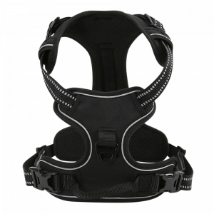 Schwarzes No-Pull-Hundegeschirr mit gepolsterter Brustplatte, reflektierender Naht und D-Ring vorne zur Leinenbefestigung.