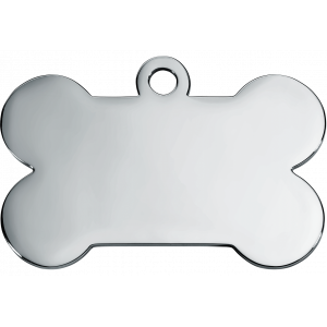 Silberne hundemarke in Knochenform aus Edelstahl mit Spiegelglanz, beidseitig gravierbar mit Wunschtext.