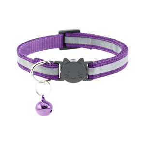 Reflektierendes Katzenhalsband mit Sicherheitsverschluss Lila reflektierendes Katzenhalsband mit Sicherheitsverschluss und Glöckchen – bequem und geeignet für Namensanhänger.