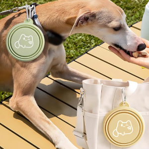 Hund im Freien mit grünem faltbarem Napf beim Snack – beiger Napf am weißen Beutel im Hintergrund befestigt.