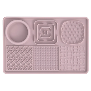Pinke 4-in-1-Leckmatte aus Silikon mit Napf, Strukturfeldern und Anti-Schling-Zonen – zur Beschäftigung und Verdauung.
