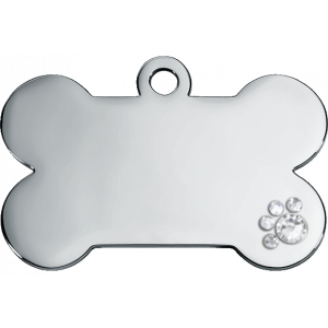 Luxuriöse silberne hundemarke in Knochenform aus Edelstahl mit Glanzfinish und Pfotendetail aus Kristall, beidseitig gravierbar.