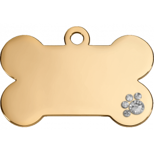 Hundemarke Knochen Gold Deluxe Goldene hundemarke in Knochenform mit Kristallpfote und Glanzfinish – Edelstahl, beidseitig gravierbar mit Wunschdaten.