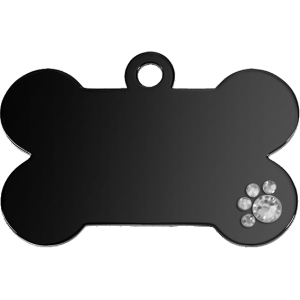 Elegante schwarze hundemarke in Knochenform mit Kristallpfote, aus Edelstahl, beidseitig graviert mit Kontaktdaten.