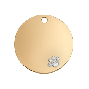 Hundemarke Rund Gold Deluxe Goldene runde hundemarke aus Edelstahl mit Kristallpfote – doppelseitige Gravur von Namen und Kontaktdaten möglich.
