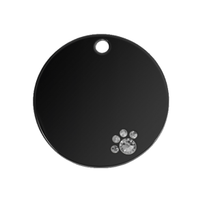 Schwarze hundemarke rund mit Kristallpfotendetail – stilvoller Edelstahl, gravierbar auf Vorder- und Rückseite.