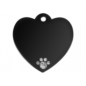 Hundemarke Herz Schwarz Deluxe Schwarze herzförmige hundemarke mit Kristallpfote aus Edelstahl – beidseitig graviert mit Kontakt- und Namensdaten.